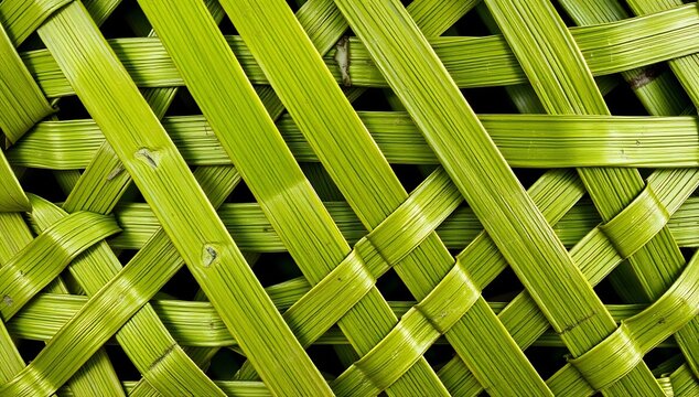 Close-up of vibrant green woven palm leaves creating an intricate natural texture and geometric pattern.