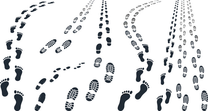human footprints and shoe sole prints trails set walking track path steps silhouette ai generated vector illustration