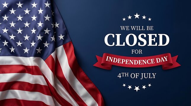 Independence day holiday closure announcement graphic with american flag and text saying we will be closed for independence day fourth of july.