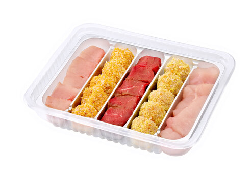 raw mini meat products in plastic tay isolated on white