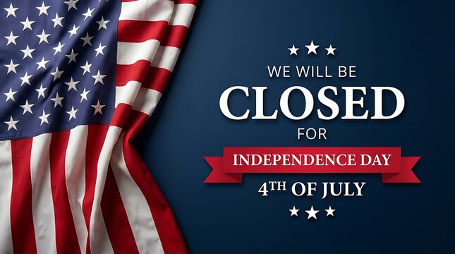 American flag waving proudly with text closed for independence day 4th of july holiday celebration and patriotic holiday announcement.