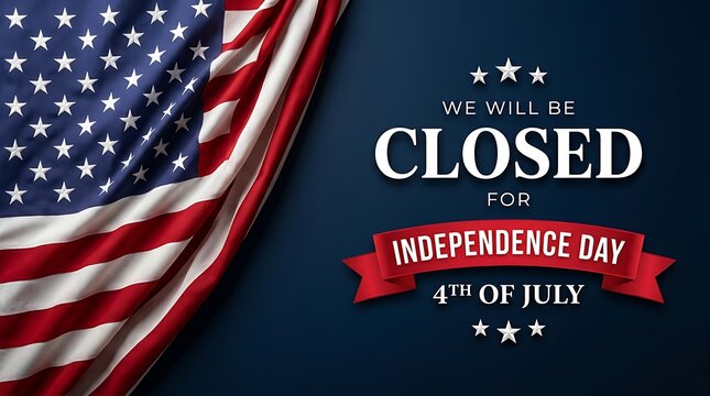 Independence day holiday closure announcement graphic with american flag and text saying we will be closed for independence day fourth of july.