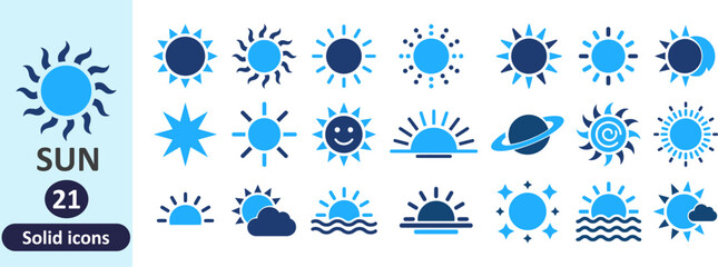Set of 24 blue and light blue weather and sun themed solid icons with weather forecast celestial meteorology forecast temperature environment brightness atmosphere collection interface © Iconwale