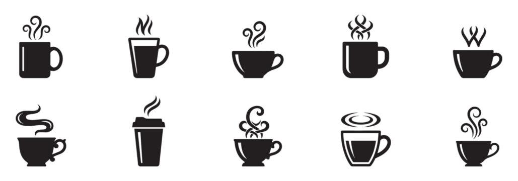 Coffee cup icon set. Cups of coffee tea collection. Hot drink icon. Disposable cup. Cup coffe with steam. Flat style. Vector Illustration. Vector Graphic. EPS 10