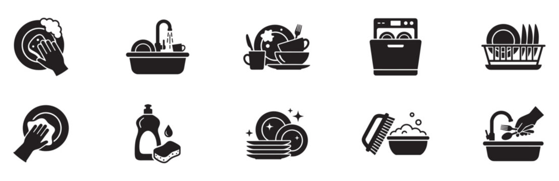 Washing dishes icon set. Kitchen cleaning service symbol. Clean plates housekeep logo. Dishwasher sink sponge sign. Vector illustration. Vector Graphic. EPS 10