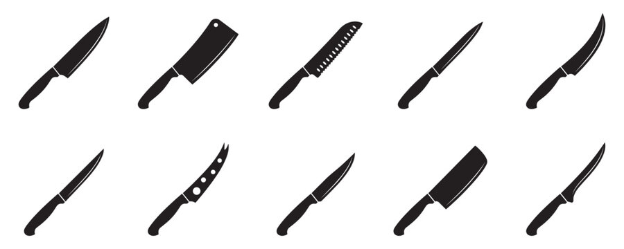 Kitchen knives icon set. Chef knife and meat cleaver symbol. Cooking tools and cutlery logo. Restaurant butcher equipment sign. Vector illustration. Vector Graphic. EPS 10