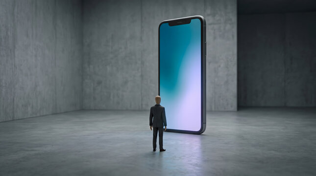 Small Wooden Puppet Standing Before Giant Smartphone Wall in Minimal Room With Copy Space for Digital Isolation Concept