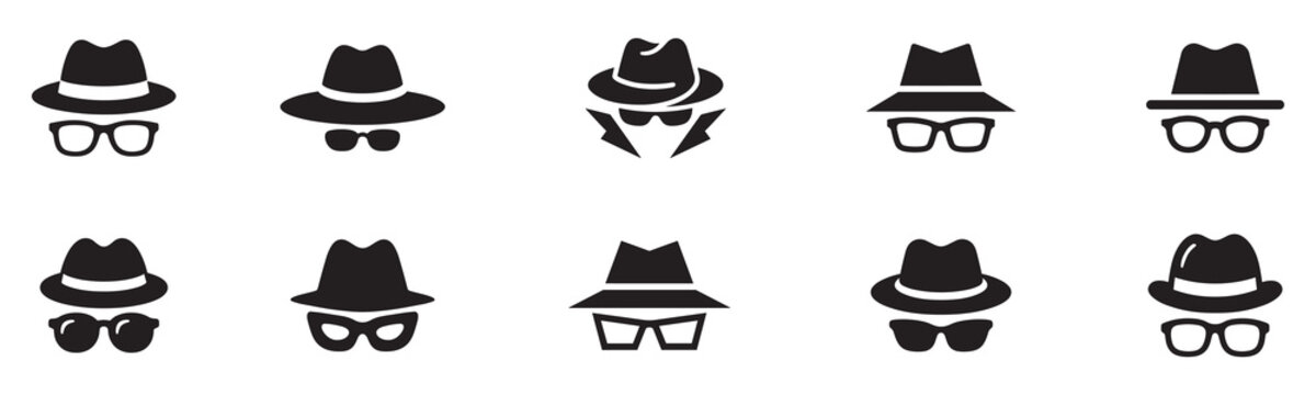 Incognito icon set. Anonymous spy agent, private detective character in disguise with hat, glasses, mustache. Security, privacy, hidden identity concept. Vector illustration. EPS 10