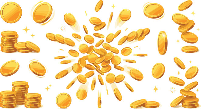 golden coins explosion falling gold money stacks vector set casino game wealth jackpot concept ai generated isolated illustration