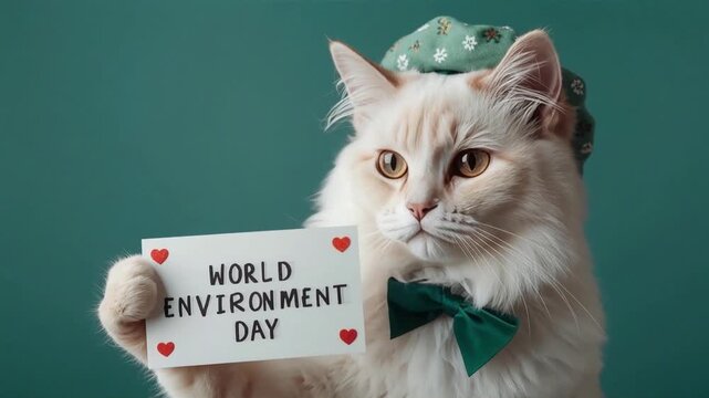 Cat holding world environment day sign wearing stylish green beret and bow tie in this professional studio motion video footage