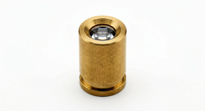 Extreme macro of a bare laser diode collimator lens module. Cylindrical machined brass housing with a flawless glass lens isolated on white.