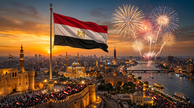 Egypt Revolution Day Celebration with National Flag and Fireworks over Cairo.