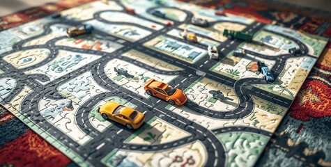 Fototapeta premium Colorful Toy Cars Navigating a Puzzle Road Map on a Vintage Carpet