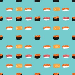Cute Japanese Sushi Variety Seamless Pattern on Teal Blue Background © ASgavity