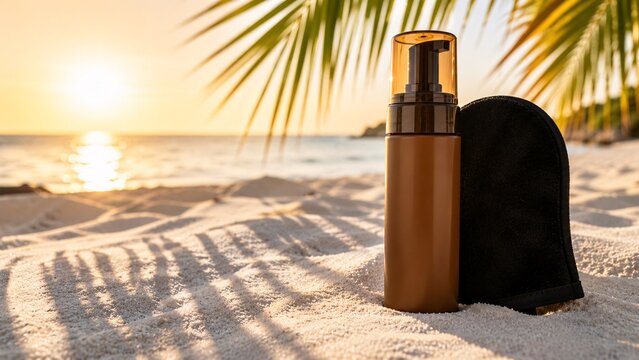 Blank unbranded brown plastic pump bottle of self-tanning mousse standing on pristine white beach sand