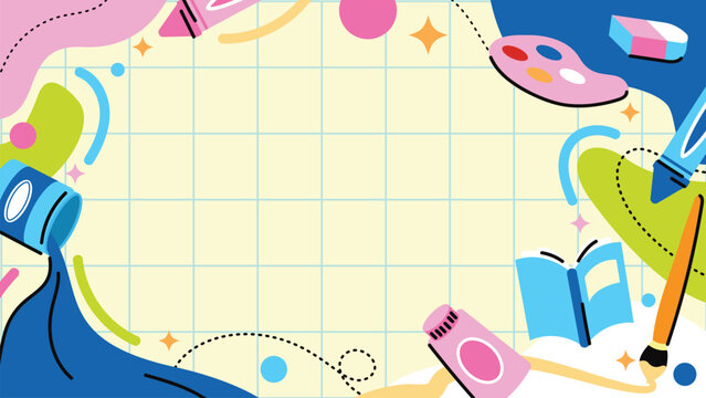 Back to school 4K video frame vector background with colorful geometric doodles, grid paper copy space, cute cartoon shapes and school supplies.