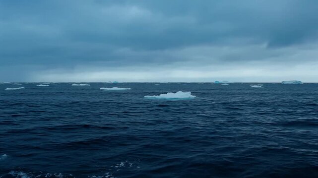 Ice floes and icebergs drift on dark blue polar ocean under gloomy sky
