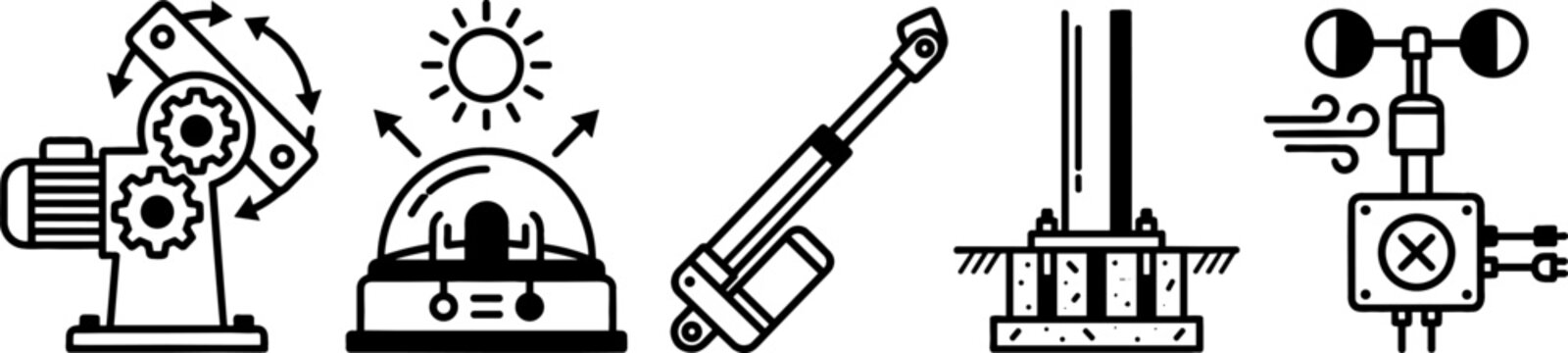 Solar Tracker Mechanical Components and Weather Station Instruments Solid Vector Icon Set with Actuator Slew Drive Pyranometer Foundation and Anemometer