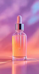 Naklejka premium Close-up of a glass bottle with a dropper. The bottle has a clear liquid inside and is set against an illuminated, colorful background