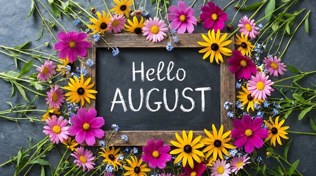 Chalkboard with hello august written in white chalk surrounded by vibrant colorful flowers and greenery on dark stone background springtime celebration.