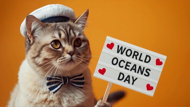 Cat wearing sailor hat and striped bowtie holding World Oceans Day sign in this cute digital animation video motion clip