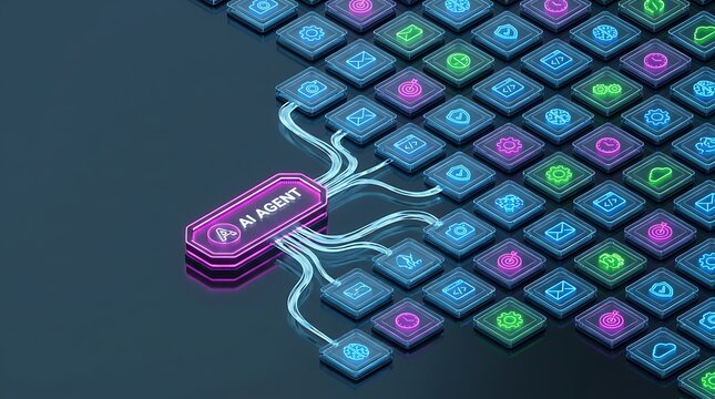 Abstract digital art of an ai agent connecting to various application icons representing cloud computing and artificial intelligence technology on a dark background.
