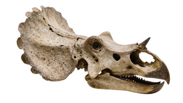 Isolated ancient Triceratops skull fossil from prehistoric era, detailed paleontological specimen
