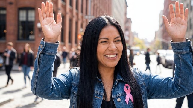Latina cancer survivor woman celebrating raisedhands recovery urban victory joy Intimate composition emphasizes personal emotion and the survivor journey raises both arms on busy city street wearing