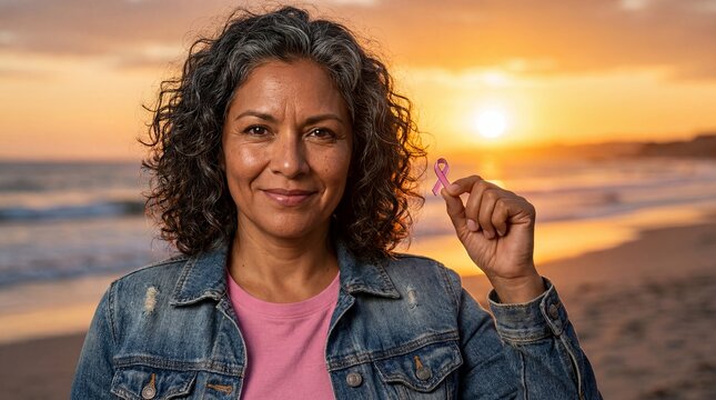 Latina breastcancer survivor woman pinkribbon raising pride recovery beach hope Contextual composition includes the environment and return to everyday life raises ribbon on windswept shore at sunset