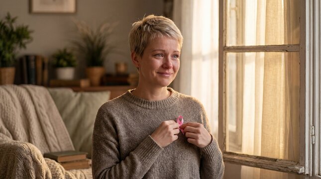 white breastcancer survivor woman pinkribbon portrait recovery hope home strength Contextual composition includes the environment and return to everyday life holds ribbon near chest in softly lit