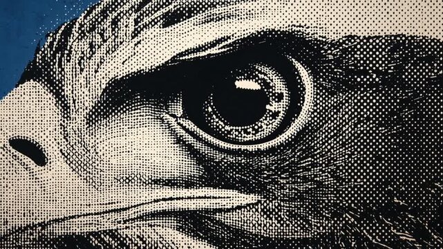Eagle eye close up animation featuring detailed halftone texture patterns and high contrast artistic style for dynamic motion video background