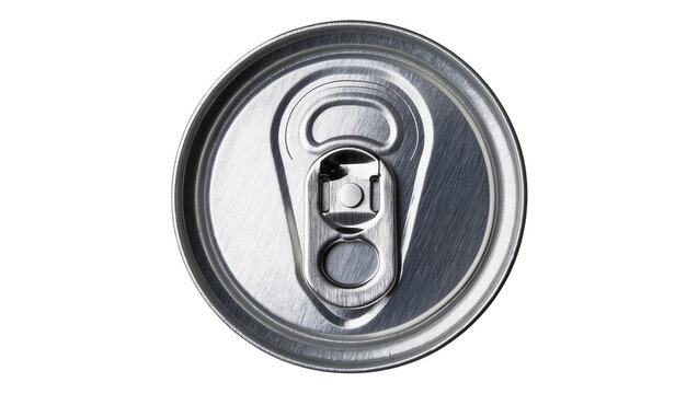 Isolated close-up top view of shiny metallic aluminum beverage can with unactivated pull tab