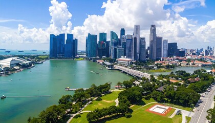 Naklejka premium Singapore Skyline Aerial View with Marina Bay and Gardens