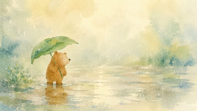 葉っぱの傘を差して雨の中に立つクマ