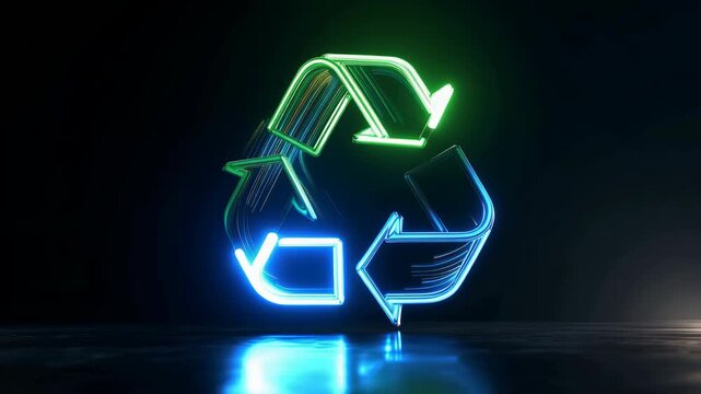Recycling Symbol Neon Light Glowing Icon Green Blue Dark Background Reflective Surface Eco Concept Sustainability Environmental Care Waste Management Abstract Sign Clean Energy