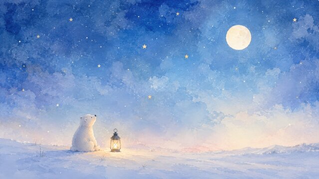 満月と星空を見上げる雪原のシロクマ