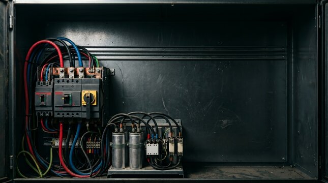 Industrial electrical distribution panel with circuit breakers and capacitors inside a black metallic enclosure box for power control
