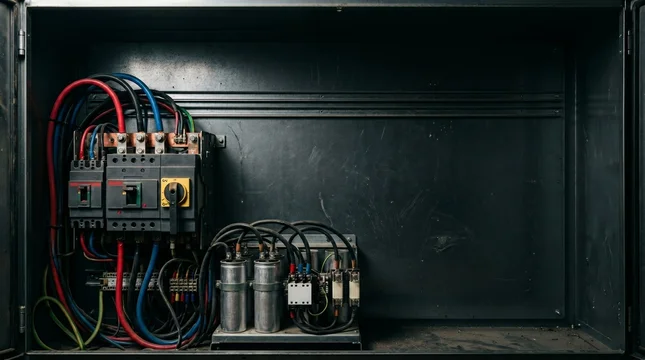 Industrial electrical distribution panel with circuit breakers and capacitors inside a black metallic enclosure box for power control