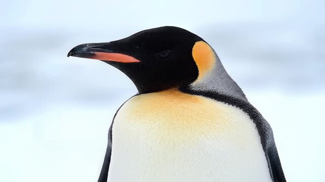 King penguin close up portrait standing in snowy Antarctic landscape.