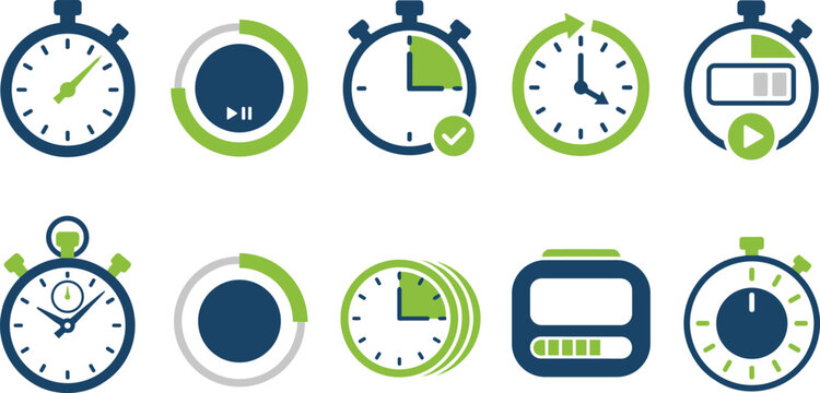 Time Productivity and Chronometer Icon Set Featuring Blue and Green Stopwatches, Progress Loading Circles, Digital Timers, and Countdown Deadline Symbols for Business Layouts