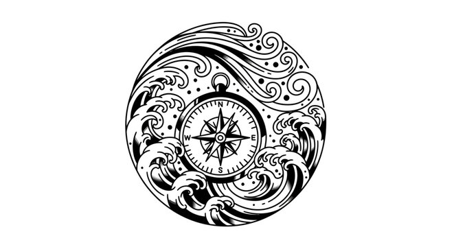 Nautical Compass Rose Surrounded by Stylized Ocean Waves and Swirls