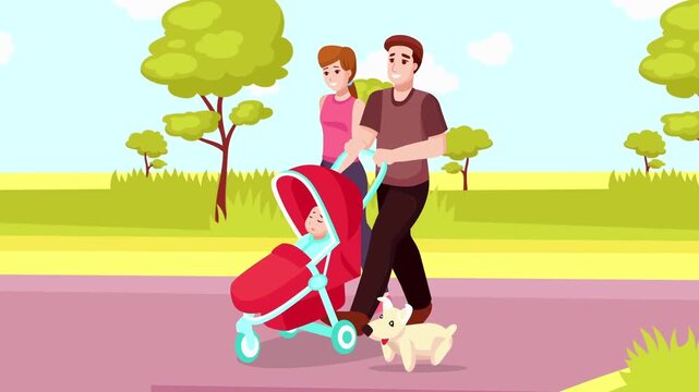 Young couple walking in a green park pushing a baby stroller next to their small pet dog on a sunny day.