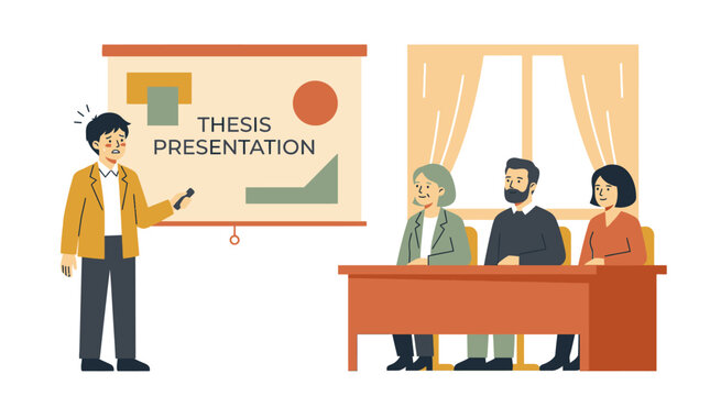 Nervous student presenting thesis to academic committee in classroom