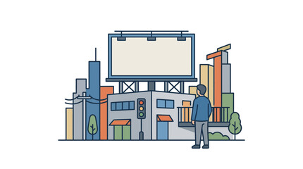 A man stands alone looking at a large blank billboard in a modern city setting. © siska