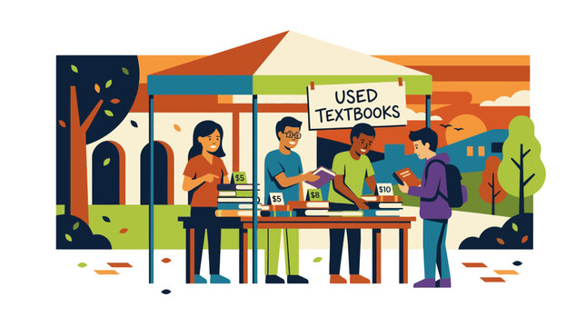 Students Buying Used Textbooks at Outdoor University Campus Stall