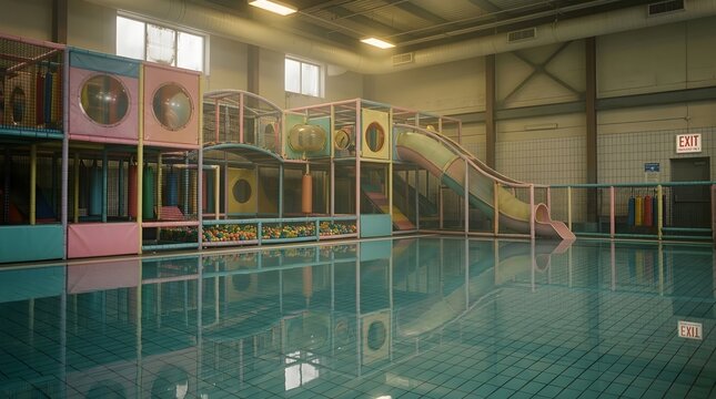 An abandoned liminal space dream core indoor playground with a colorful play structure and a large empty pool