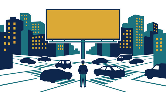 A man standing at a busy city intersection looking at a large blank billboard.