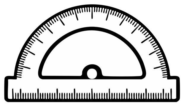 Black and white line drawing of a protractor with angle markings for geometry education and measurement