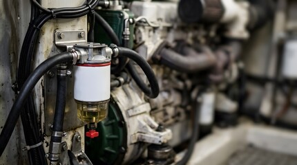 Fototapeta premium marine fuel water separator installed in boat engine compartment for vessel reliability maintenance and engine protection with copy space