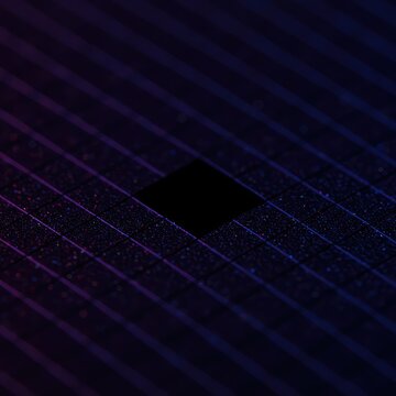 Close up macro shot showing a single missing pixel or a digital black square error on a brightly colored abstract background grid structure, macro, grid, texture